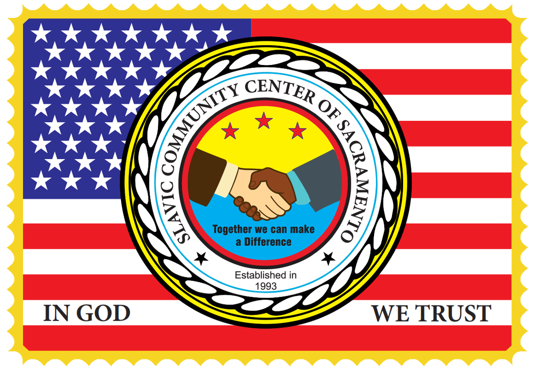 Slavic Community Center of Sacramento logo with a handshake and United States flag