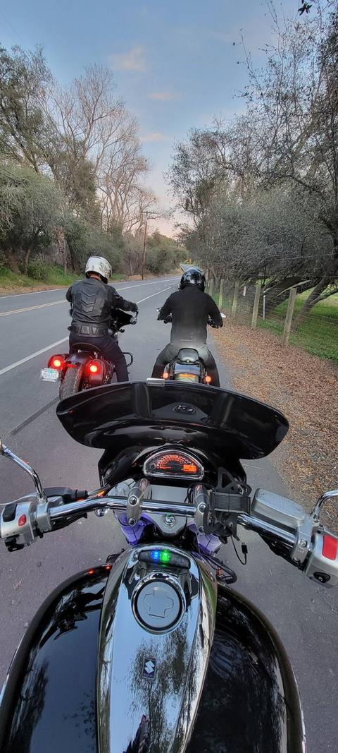 A view over a motorcycle dashboard toward a road and trees.