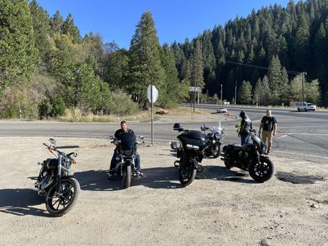 Riders beside motorcycles at a forested roadside turnout.