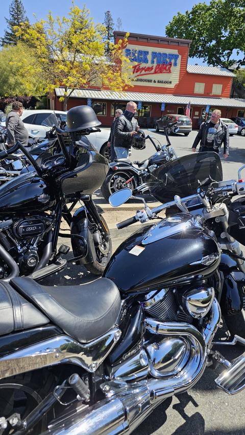 A row of motorcycles parked near a roadside building.